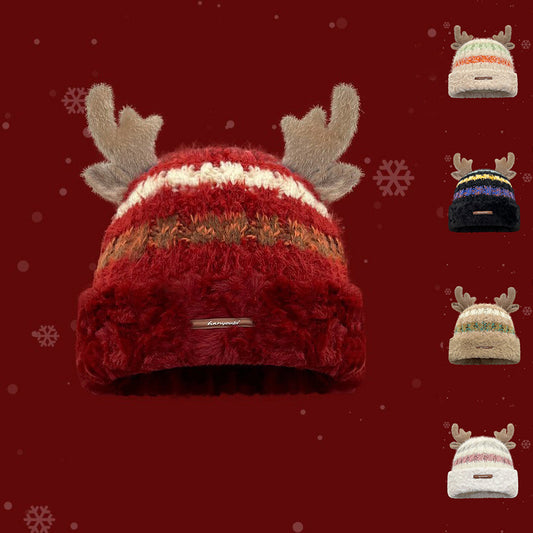 Christmas Knitted Hat With Cute Deer Antler For Women